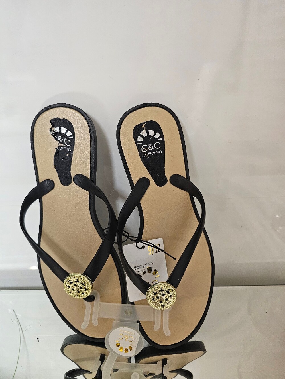 C&C California Black Thong Sandals with Gold Medallion